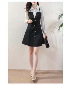 ミニ丈 | 切り替えワンピース 秋 レディース フェイク レイヤード風 ミニワンピース 膝上丈 Aラインワンピース オフィス 可愛い フォーマル エレガント シャツカラー 大人