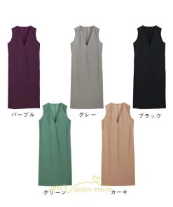 マキシ | ワンピース ジャンパースカート ジャンスカ 深Vネック ロングワンピース Vネック スリット入りロングワンピース ノースリーブ 30代40代 オフィス 大人