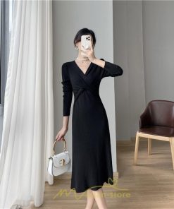ニットワンピース | 二ットワンピース レディース ニットワンピ Vネック 長袖 トップス チュニック ロング丈 ミモレ丈 着痩せ 秋 冬 コーデ 20代30代40代 フェミニン 上品 大人