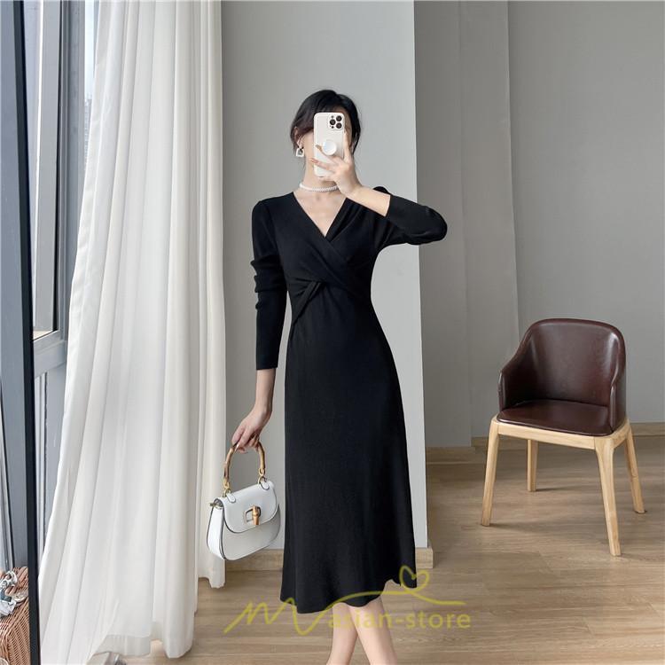 ニットワンピース | 二ットワンピース レディース ニットワンピ Vネック 長袖 トップス チュニック ロング丈 ミモレ丈 着痩せ 秋 冬 コーデ 20代30代40代 フェミニン 上品 大人