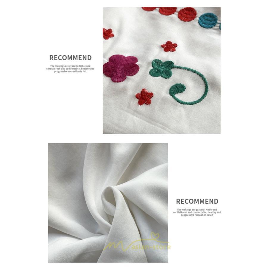 マキシ | ワンピース コットン 長袖ワンピース カジュアル ゆったり ナチュラル シンプル 可愛い 夏 秋 エスニック Vネック 鎖骨 レトロ 黄色 刺繍 白 青 三色展開