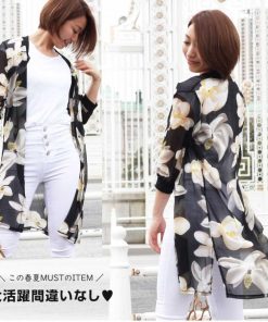 カーディガン | 花柄ガウン レディース シフォン薄手 カーデ シースルーロングガウン