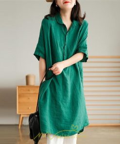 送料無料SALE | ワンピース 夏シャツ レディース 五分袖 シャツワンピース 綿麻 無地 プルオーバー 体型カバー ゆったり 大きめ 夏服 ポケット 30代40代 膝丈 おしゃれ 前後差