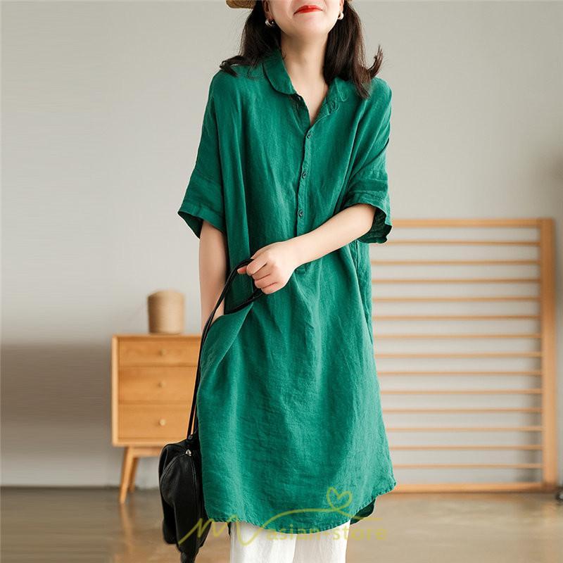 送料無料SALE | ワンピース 夏シャツ レディース 五分袖 シャツワンピース 綿麻 無地 プルオーバー 体型カバー ゆったり 大きめ 夏服 ポケット 30代40代 膝丈 おしゃれ 前後差