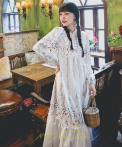 マキシ | ロングワンピース レディース  夏 秋 リゾート ルームワンピース 長袖 ゆったり ロング丈 旅行用 バブルスリーブ かわいい 後ボタン付き レトロ風 丸首