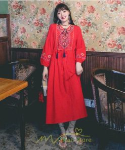 マキシ | ワンピース レディース 刺繍 綿麻 レトロ調 インスタ映え ナチュラル エスニック風 民族風 ボヘミアン 撮影 リゾート 柔らかい ウエストリボン長袖 イベント