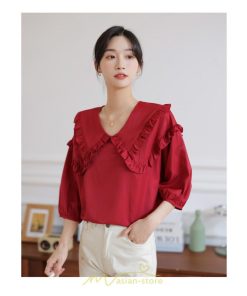 シャツ・ブラウス | トップス ブラウス 七分袖 シャツ きれいめ レディース 夏 白 赤 クルーネック フリル 春夏コーデ オフィス お仕事 通勤 就活 お出かけ ビジネス カジュアル