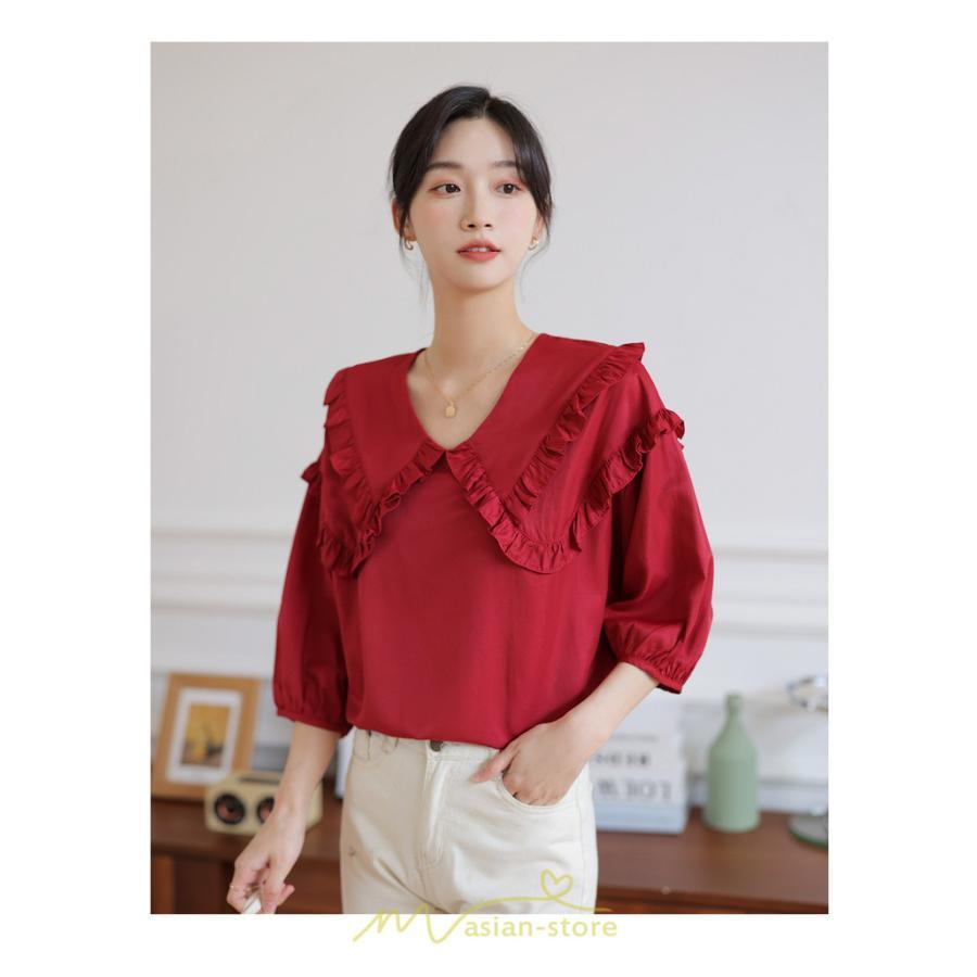 シャツ・ブラウス | トップス ブラウス 七分袖 シャツ きれいめ レディース 夏 白 赤 クルーネック フリル 春夏コーデ オフィス お仕事 通勤 就活 お出かけ ビジネス カジュアル