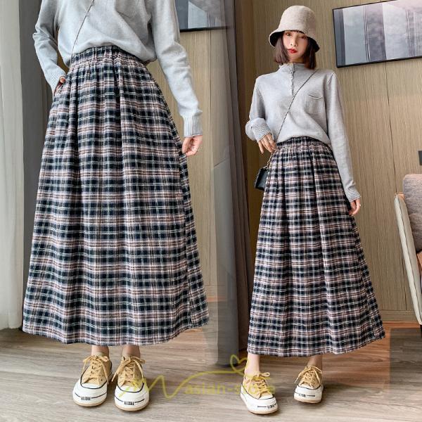 スカート | チェックロングウエストゴム チェック柄 大人 ハイウエスト Aライン30代40代50代 通学通勤 可愛い スカート ゆったり