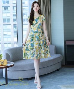 ミディアム | ワンピース レディース Vネック 半袖 花柄 おしゃれ Aライン ミディアムワンピース 着やせ エレガント 大きいサイズ 上品 膝丈 20代 30代 大人 40代