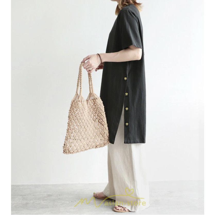 tシャツ・カットソー | Tシャツ レディース 半袖 ロングt 綿 ワンピース 無地 ラウンドネック トップス 麻 夏 ゆったり リラックス サイドスリット 20代30代 ロング丈 40代50代 可愛い