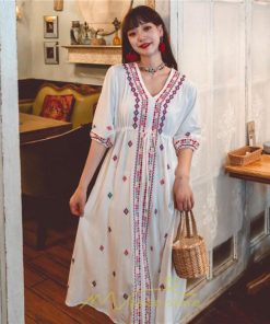 マキシ | ワンピース レディース コットン リゾート かわいい 五分袖 Ｖネック 花柄 上品 ロング丈 ファッション エスニック風 体型カバー お呼ばれ 二次会 民族風 披露宴