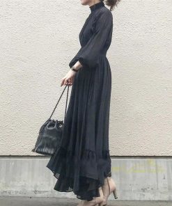 マキシ | ワンピース ロング丈 マキシ丈 40代 フリル シフォン ロング 韓国 レディース 秋 冬 長袖ファッション ハイウエスト 長袖 おしゃれ 秋 2021 2色 着痩せ