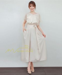 送料無料SALE | ロングワンピース 夏ワンピース 半袖 無地 フレアワンピース Vネック ベルト付き ゴム 女っぽい お呼ばれワンピース 大人 30代40代 ワンピ パーティー