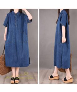 デニムワンピース | ワンピース シャツワンピース ロングデニムシャツワンピース 無地 膝丈 ゆったり 可愛い 半袖 カジュアル 夏コーデ 日常感 体型カバー 大人