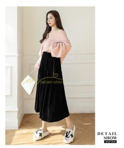 スカート | ロングティアードAラインミモレ丈 フレアビロードウエストゴム ハイウエスト 秋冬 無地 ゆったり