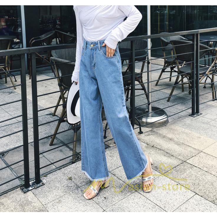 在庫ある | 短納期デニムワイドパンツ レディースボトムスジーンズ 九分丈パンツ デニムボトムス デニムパンツ 春夏秋 薄手 ゆったり 通学通勤 着痩せ ハイウエスト OL 無地