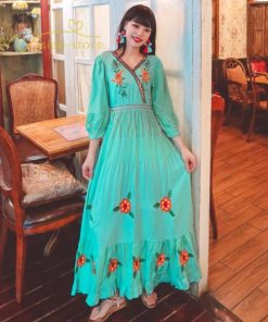 マキシ | ワンピース レディースワンピース 春夏 マキシワンピース ハイウエスト 長袖 二次会 通勤 OL 40代 着痩せ 刺繍 Vネック Aライン カジュアル エスニック 4色