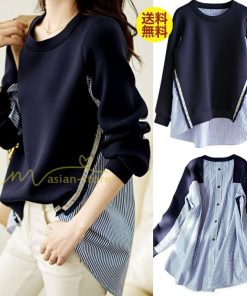ｔシャツ・カットソー | トレーナー レディース 春秋 トップス シャツ 切り替え カワイイ 長袖 Tシャツ 前後差 ゆったり 20代30代 重ね着風 レイヤード 大人 無地 女の子 ストライプ