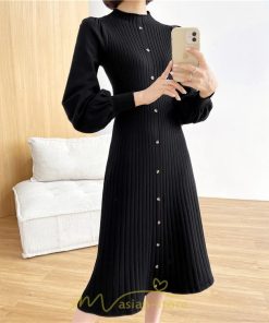 ニットワンピース | レディース 冬 きれいめ ニットフレア ロング おしゃれ ハイネック パフスリーブ 着痩せ エレガント おしゃれ フェミニン 送料無料 可愛い