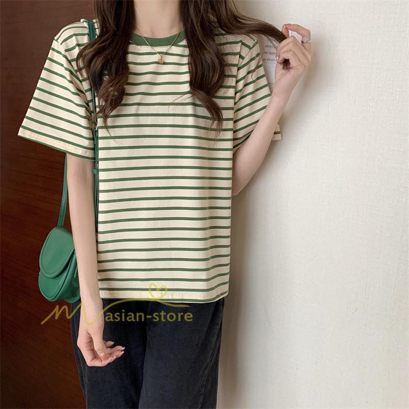 tシャツ・カットソー | Tシャツ レディース 春夏 トップス カットソー 半袖 シャツ ストライプ柄 20代30代40代50代 カジュアル お出かけ 上品 韓国ファッション 着回し 着痩せ 快適