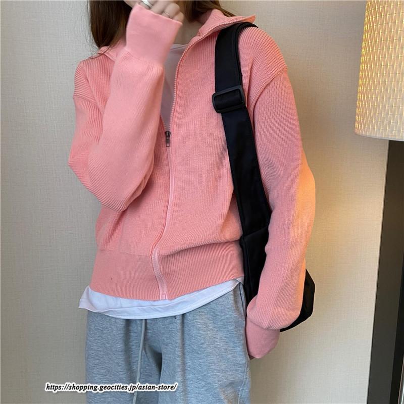 カーディガン | ニットレディース トップス リブニット ジップアップ ハイネック 羽織り 長袖 カーディガン ジャケット ライトアウター ニット セーター