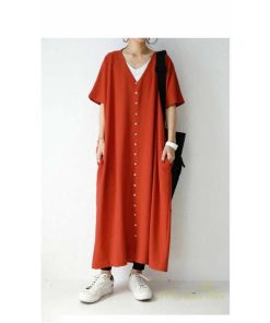 マキシ | ワンピース 五分袖 ロングワンピース レディース 秋物 夏 羽織り ゆったり 大きめ ポケット Aラインワンピース 30代40代50代 無地 可愛い 落ち感 Vネック 大人