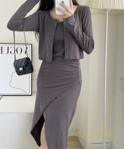 ミディアム | ワンピース タイトワンピース カーディガン セットアップ 2点セット セクシー 膝丈 スリット パーティー スリム キャミソールワンピース 大人 美ライン 無地