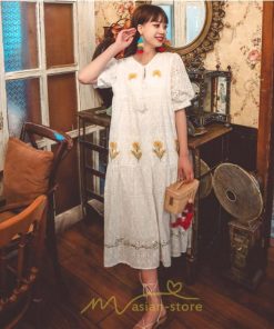 マキシ | ロングワンピース 夏秋 レディース 五分袖 普段着 同窓会 細見せ ハイウエスト コットン レース Aライン 白 紫 刺繍 Vネック キャンプ 旅行 上品 鎖骨 華奢魅せ