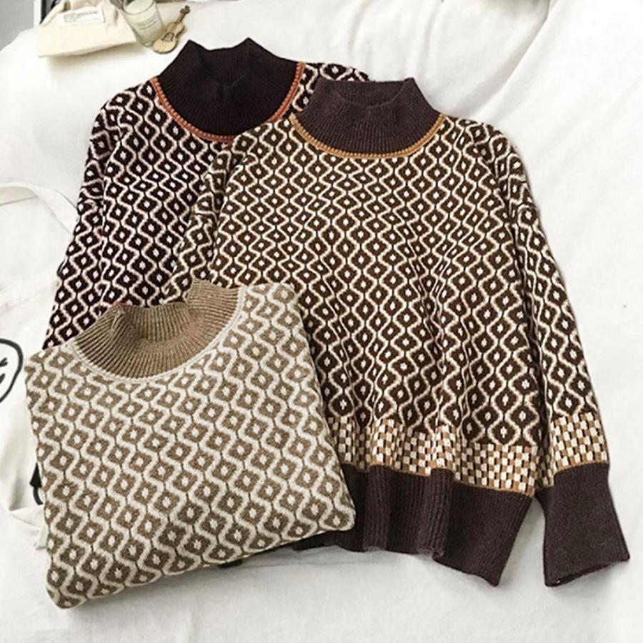 ニット・セーター | 配色ダイス柄ニットトップスハイネック