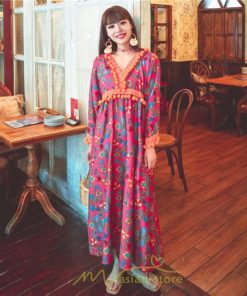 マキシ | ワンピース 長袖 ゆったり 夏秋 レディース 個性的 マキシ丈 楽ちん 体型カバー エスニック 着痩せ 赤 青 オレンジ レトロ 高品質 民族風 20代30代40代 旅行 海