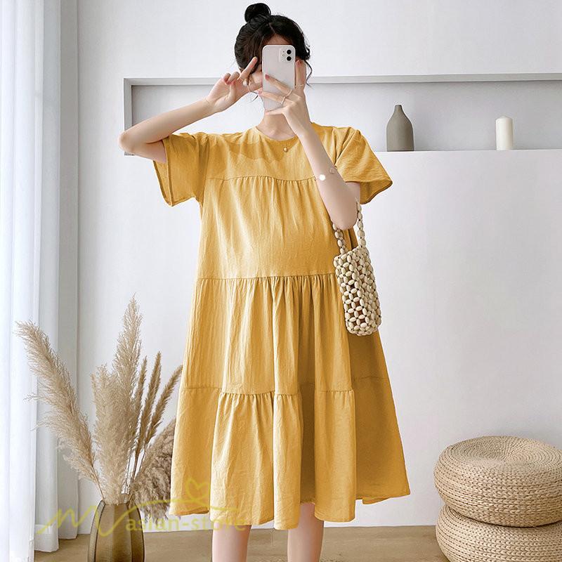 ワンピース | マタニティレディース 着痩せ 無地 ゆる上品 半袖 大きいサイズ 韓国風 Aライン マタニティウェア サマー妊婦服