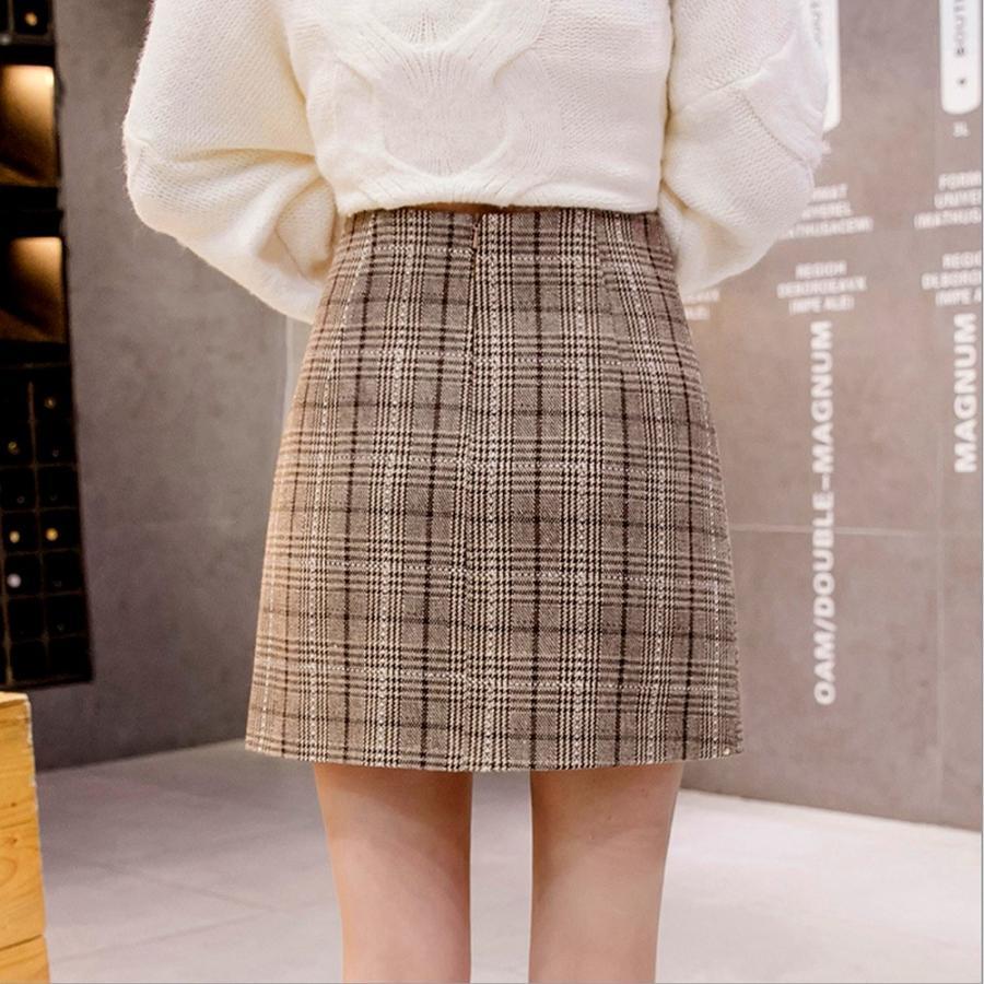 タイトスカート | チェック ミニスカート レディース ハイウエスト Aラインスカート 裏地付きウールスカート