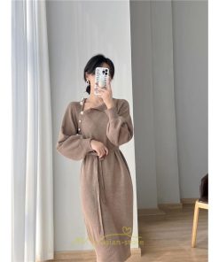 ニットワンピース | シンプル 秋冬 ベーシック 無地 膝丈 ミディアム丈 着痩せ スリット お出かけ 旅行 デート 送料無料 20代30代40代50代 女子会