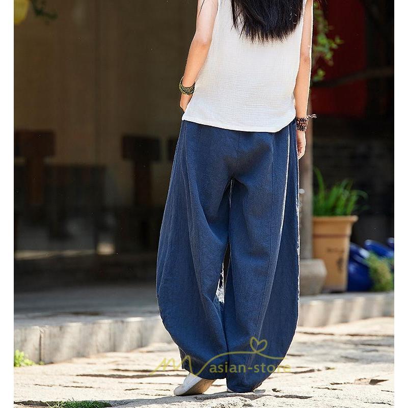 ワイドパンツ | 夏パンツ レディース パフパンツ ロングパンツ 綿麻パンツ 涼しい ゆったり ウエストゴム 可愛い 20代30代40代50代60代 無地 大人 大きめ