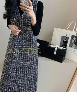 マキシ | ワンピース ノースリーブ Vネック ミモレ丈 ツイードワンピース スリット キラキラ 美ライン 女シルエット エレガント 秋物 レディース 秋冬 フェミニン