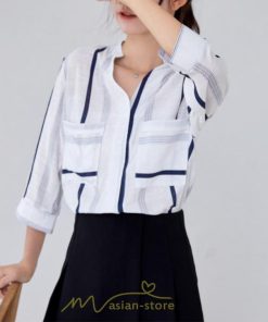 シャツ・ブラウス | ブラウス シャツ 七分袖 レディース ストライプ柄 ボーダー柄 春 夏 胸ポケット付き Ｖネック 華奢見え 通勤 お呼ばれ 日常 ビジネス 同窓会 エレガント 二次会