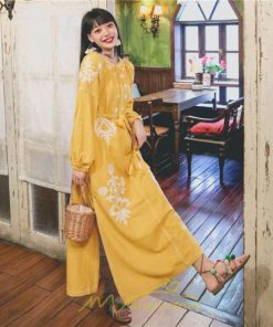 マキシ | ロングワンピース ワンピース エスニック コットンリネン 綿麻 花柄 リゾート 長袖 カジュアル 大人 夏秋 きれいめ 秋新作 スリット 体型カバー ゆったり