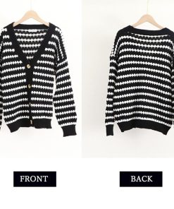カーディガン | 配色ボーダー柄ニットカーディガンVネック