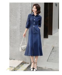 デニムワンピース | レディース デニム ワンピース マーメイド 長袖 秋 5分袖 カジュアル シャツワンピース カジュアル ロング丈 レトロ風 ポケット 着痩せ