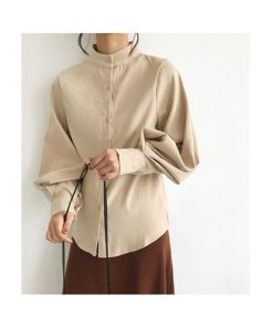 シャツ・ブラウス | シャツブラウス レディーストップス スタンドカラーブラウス 長袖ブラウス 無地シャツ バルーンスリーブ 春夏 リゾート ゆったり エレガント 通学通勤