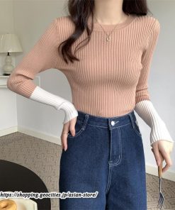 ニット・セーター | カットソー ニット レディース リブニット 長袖 秋冬 春 トップス スリム ストレッチ インナー 無地 長袖ニット 通学通勤 着痩せ 長袖カットソー プルオーバー