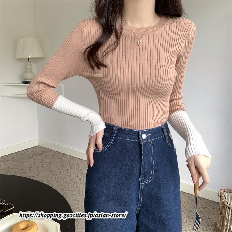 ニット・セーター | カットソー ニット レディース リブニット 長袖 秋冬 春 トップス スリム ストレッチ インナー 無地 長袖ニット 通学通勤 着痩せ 長袖カットソー プルオーバー