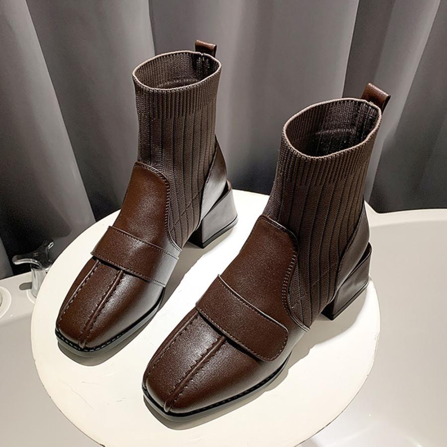 ショートブーツ | ソックス風ブーツ チャンキーヒール 痛くない 歩きやすい 美脚ブーツ ストレッチブーツ ハイカット レディース