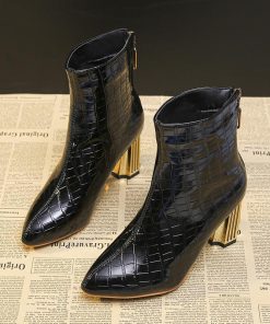 ショートブーツ | 大きいサイズレディース ポインテッドトゥ チャンキーヒール 柄 太ヒール バックファスナー 27cm ミドルヒール シューズ ブーツ 黒ブーツ