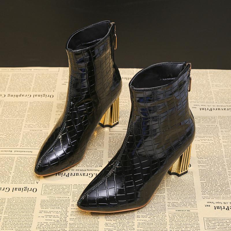 ショートブーツ | 大きいサイズレディース ポインテッドトゥ チャンキーヒール 柄 太ヒール バックファスナー 27cm ミドルヒール シューズ ブーツ 黒ブーツ