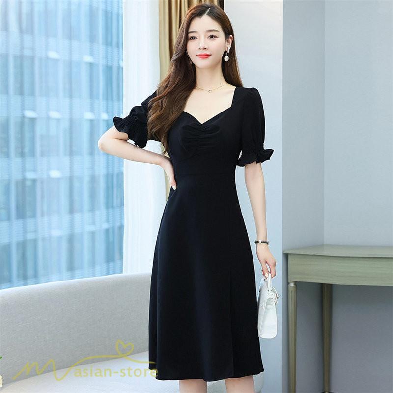 ミディアム | ワンピース レディース 着痩せ 半袖 Vネック カジュアル Aライン おしゃれ ミディアムワンピース エレガント 大きいサイズ 黒 夏 サマーワンピース 夏服 新作