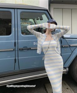 カーディガン | ニットワンピース リブニット トップス キャミワンピース ボーダー ニット 長袖 タイト ニットワンピース スリム セクシー 20代