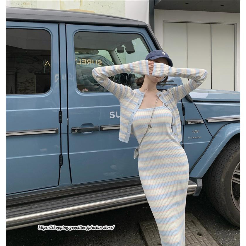 カーディガン | ニットワンピース リブニット トップス キャミワンピース ボーダー ニット 長袖 タイト ニットワンピース スリム セクシー 20代