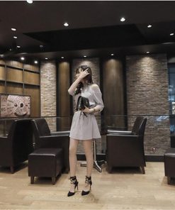 ミニ丈 | ワンピース 夏 レディース ミニワンピース Aラインワンピース 可愛い 無地 グレー 低身長 五分袖 セクシー 大人 スリム 肩出し